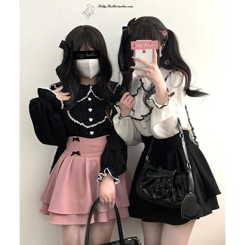 

Japanese Mine Short Mini Skirt Lolita Cosplay Black and Pink Sweet Bow Double Layer Short Skirts for Women Y2k Clothes Summer