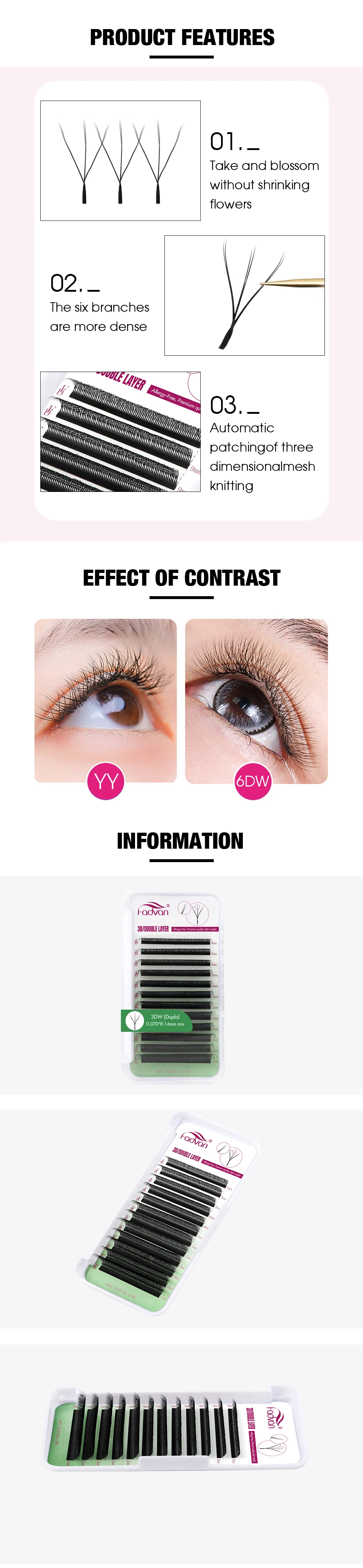 FADVAN 6D-W-förmige Wimpernverlängerung (3D-Doppelspitzen) Automatische blühende Wimpernverlängerungen für vorgefertigte Fächer – Detail 1
