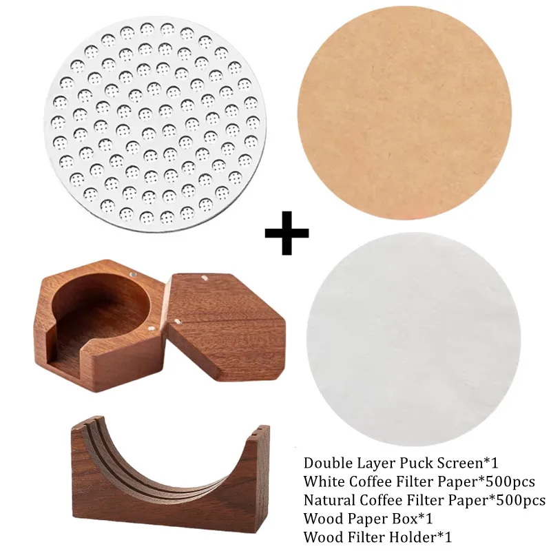 

51/53/58mm Coffee Paper Filter Wooden Storage Box Set for Portafilter Filter Accessories Stainless Steel Puck Screen with Holder