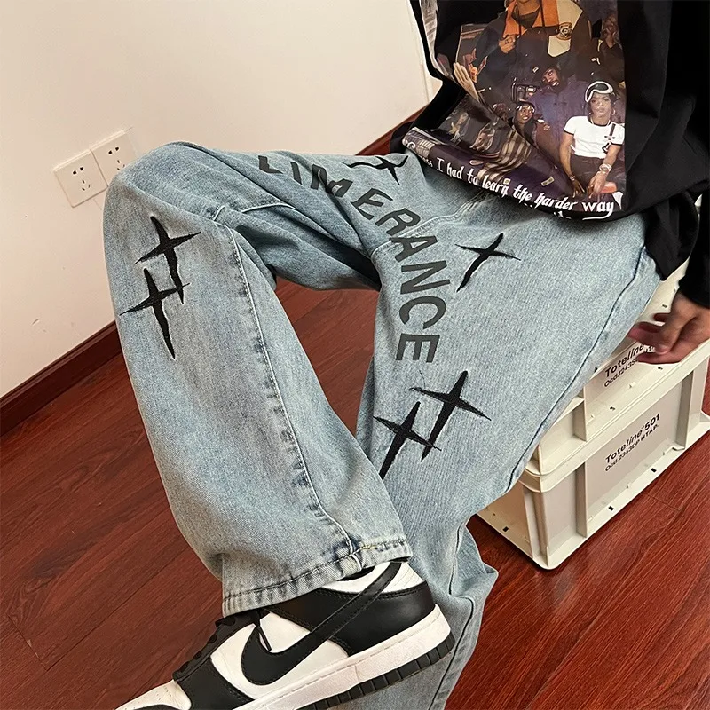 

Prints Jeans Men 2025 New Streetwear Baggy Wide Leg Jeans Korean Fashion Drapes Straight Casual Loose Denim Cargo Pants
