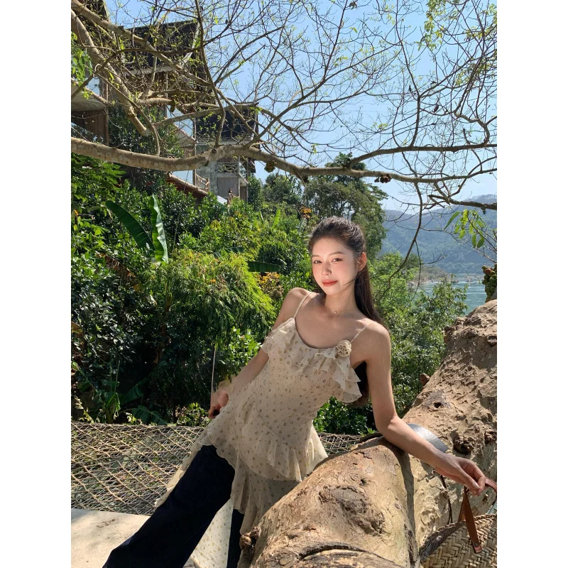 

Floral Ruffle Hem Irregular Long Dress With Thin Straps, Beach Vacation Dress, Bohemian Casual Dress