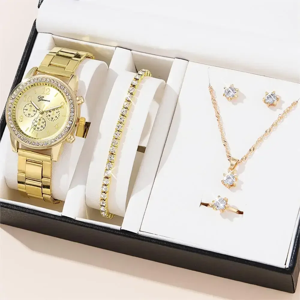 6pcs/set Jewelry Sets Women Quartz Watch Luxury with Stainless Steel Strap Clock Rhinestone Ring Necklace Earrings (no Box)