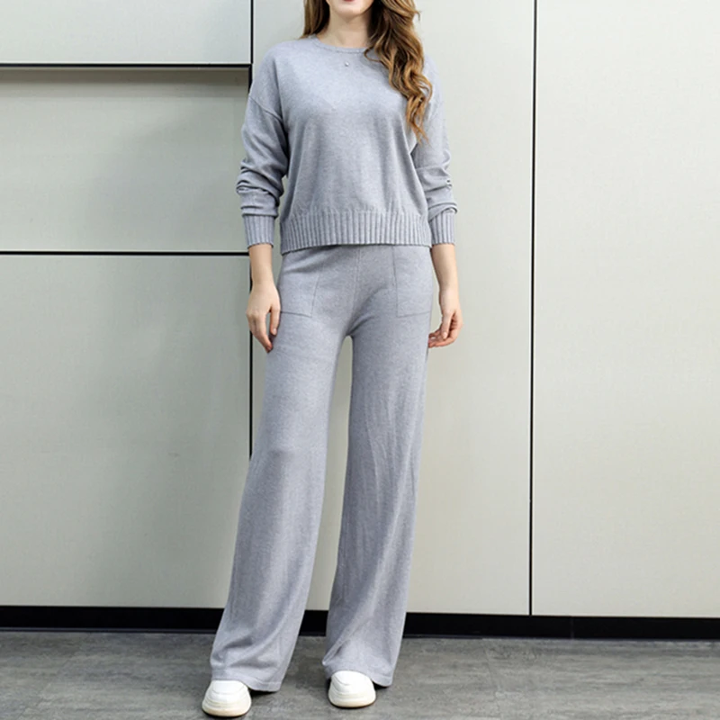 

Autumn Winter Y2K 2 Piece Sets Women Knit Outfit Women's 2 Piece Set Wide Leg Trousers Sets and Knitted Tops Tracksuit