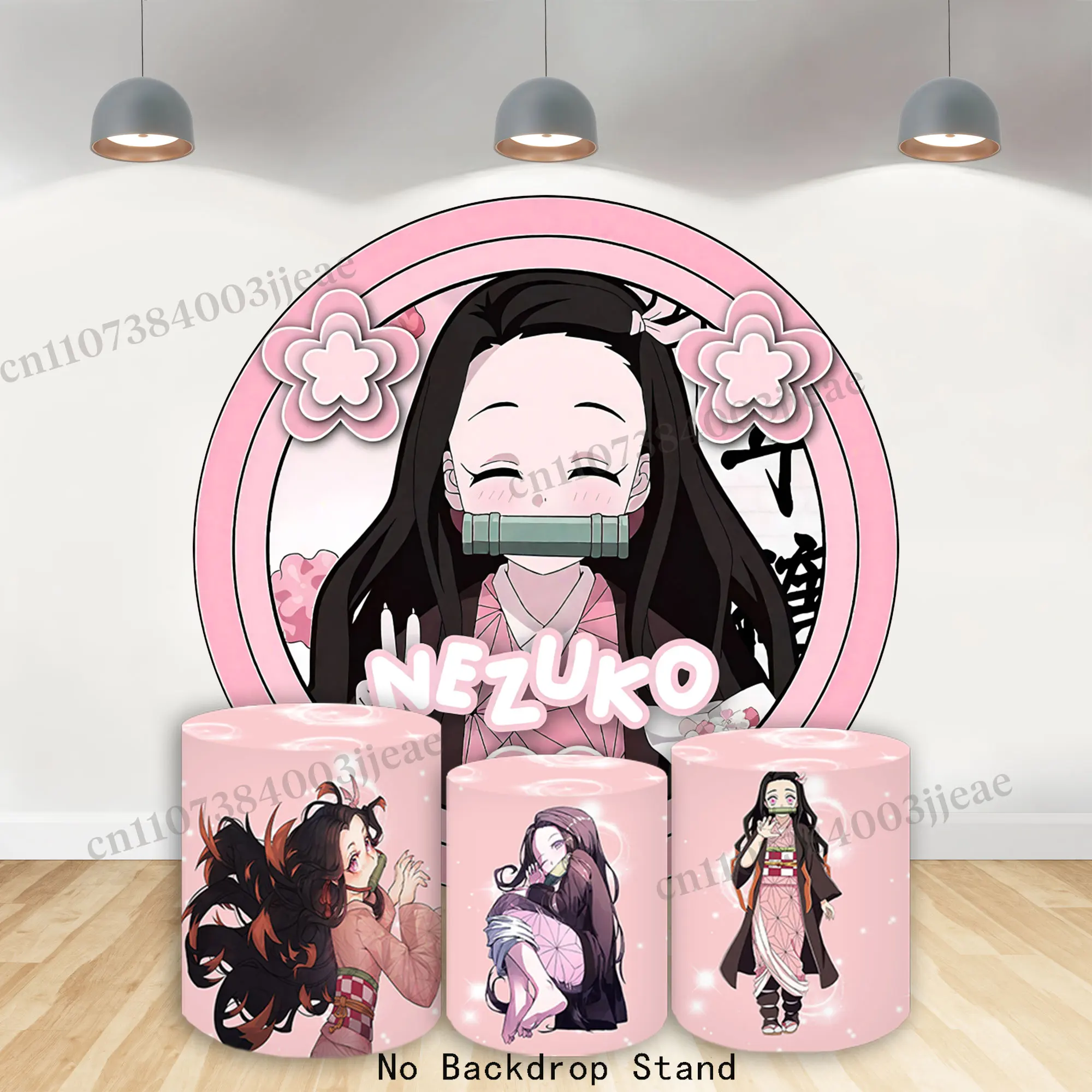 

Pink Demon Slayer Kamado Nezuko Round Backgrounds Cover Kimetsu no Yaiba Girl Birthday Party Backdrop Photo Studio Banner Decor
