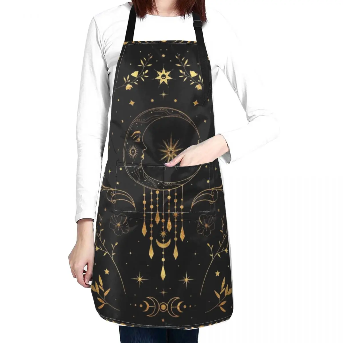 Celestial crescent moon with floral accents and moon phase Apron Barber carpenter Cleaning Products For Home Apron