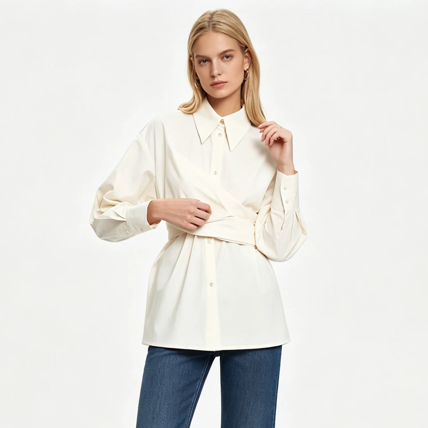 

LIMO Elegant White Long Sleeve Shirt for Women Wrap Waist Cinched Office Blouse