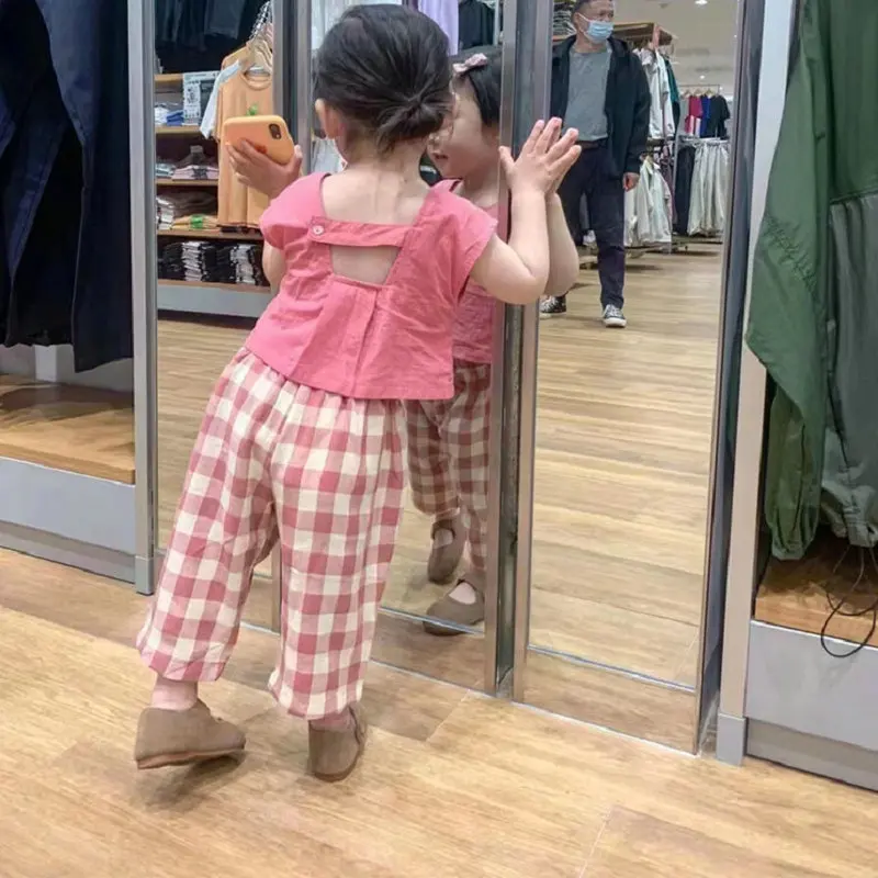 Girls' Set Short Sleeveless Vest with Plaid Pants25Summer New Foreign Trade Children's Wear Delivery3-8Years Old