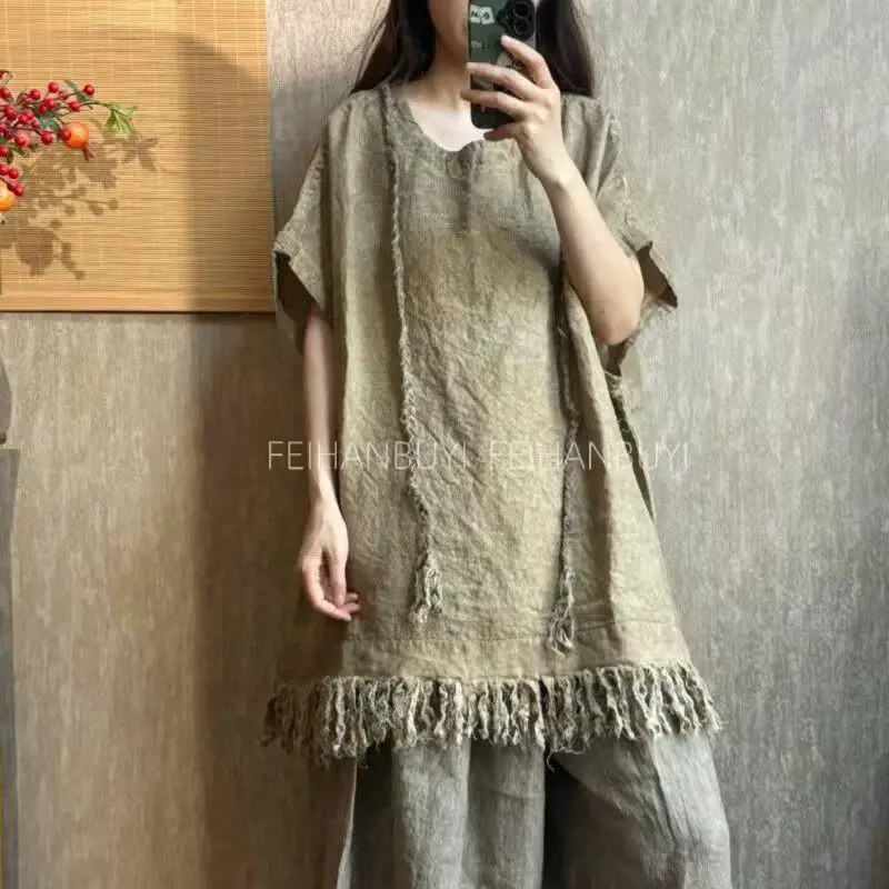 New Arrival 2026 Summer Arts Style Women O-neck Batwing Sleeve Loose Long Tee Shirt Femme Tops Vintage Tassel Linen Tshirt F080