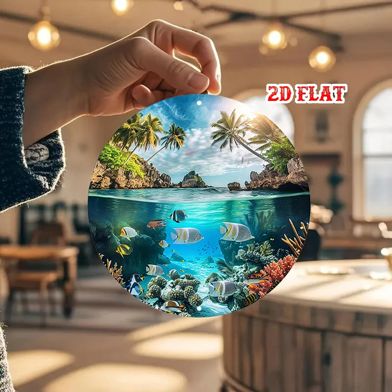 2D Flat, 1pc Tropical Paradise Round Wall Art - Metal Frameless 2D Flat Ocean-Themed Plaque with Coral Reef, Nemo Fish & Palm Tr