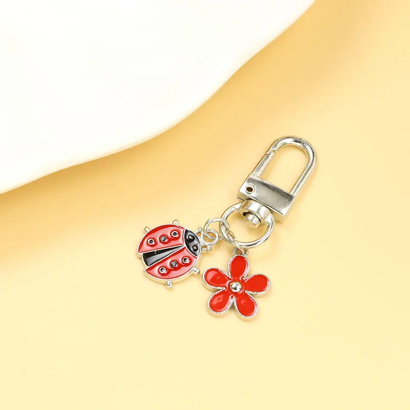 Cute Red Ladybug Flower Enamel Keychain Insect Pendant Alloy Keyring Earphone Case Protective Cover Bag Charm Key Holder Jewelry