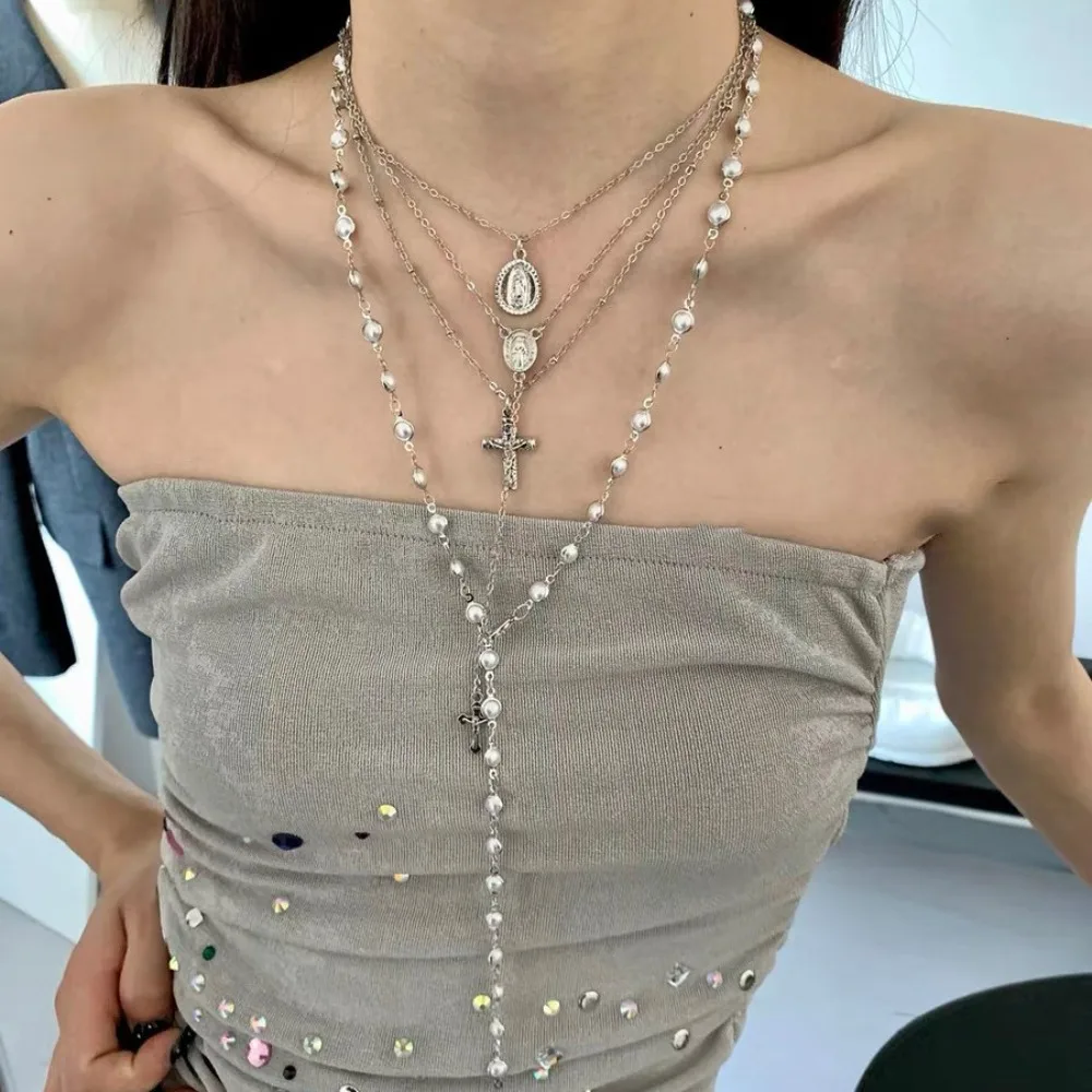 

4PC Trendy Cross Pearl Pendant Necklace Set For Women Simple Long Sweater Chain Y-Shaped Tassel Clavicle Chain Y2k Party Jewelry