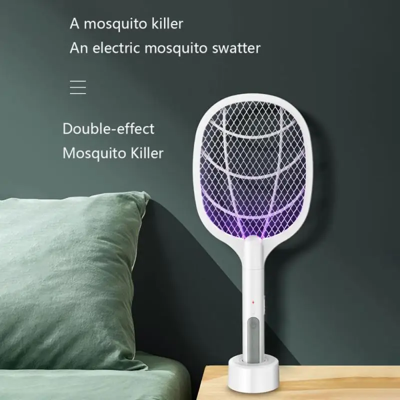 Electric Mosquito Killer With Base Holder Handheld Electric Racket 3000v Usb Rechargeable Mosquito Light Bug Zappers