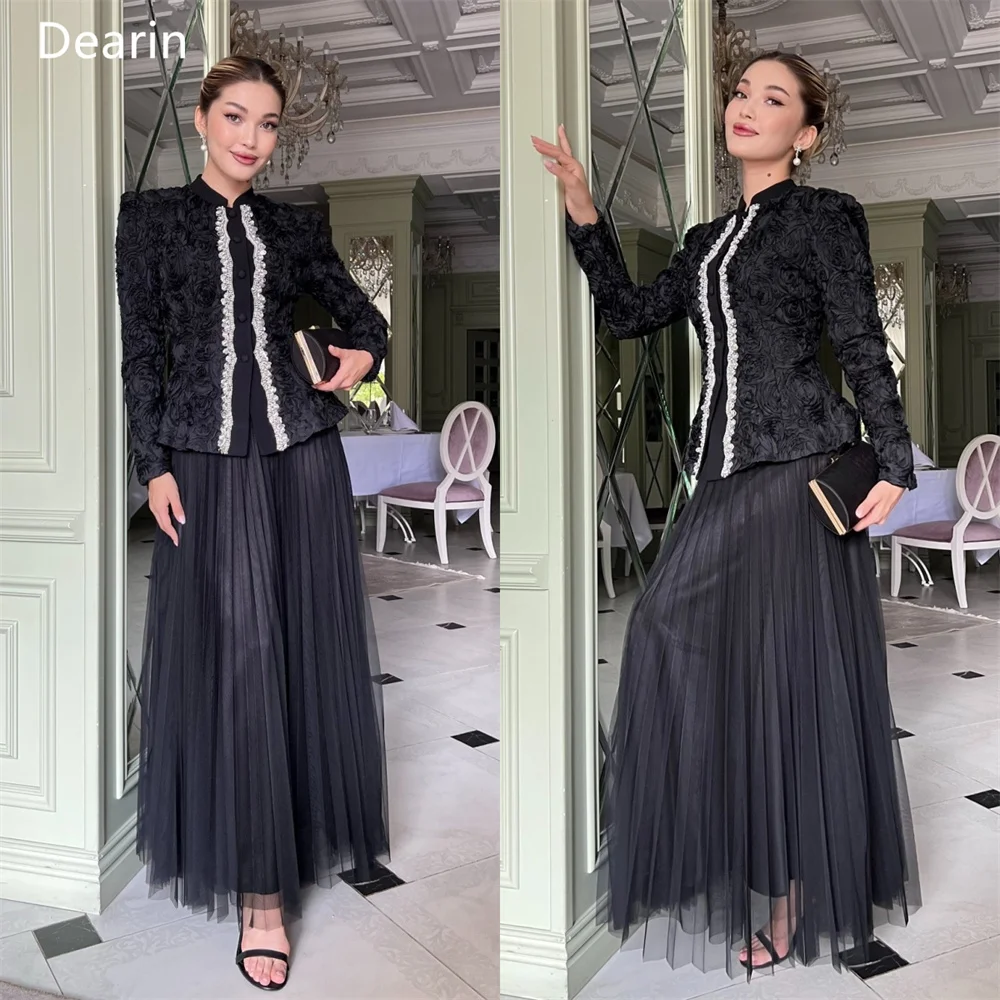 Customized Women Formal Gown Evening Dearin Scoop Neckline A-line Floor Length Skirts Layered Tulle Draped Beading Flower Bespok