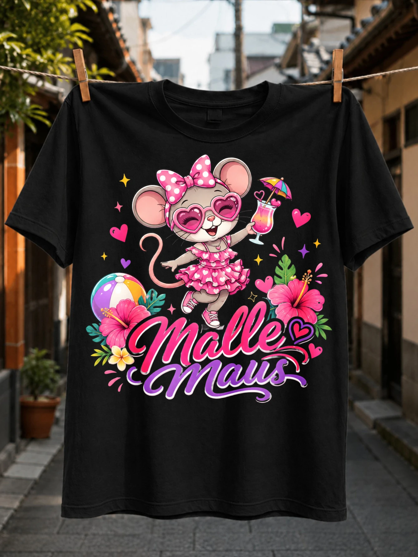 Malle Maus lettering with dancing mouse in polka dot dress heart cocktail tropical flowers and  Unisex All T-Shirt