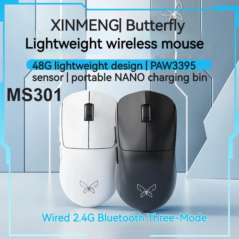 

Xinmeng Ms301 Butterfly Wireless Mouse Paw3395 Three Mode Bluetooth Mouse Lightweight Ergonomics PC Gamer Computer Accessories