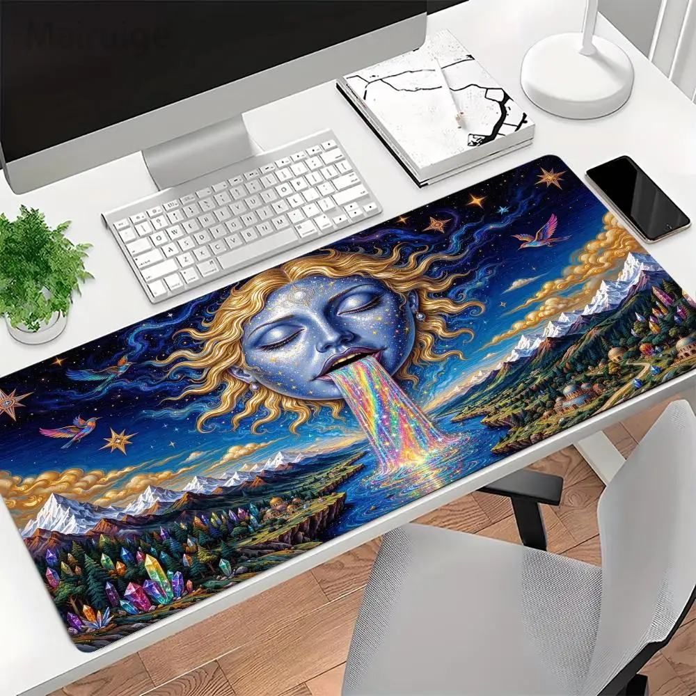 Starry Sun God Rainbow River Table Mat Stitched Edges Non Slip Rubber Smooth Glide For Home Office Table Decor