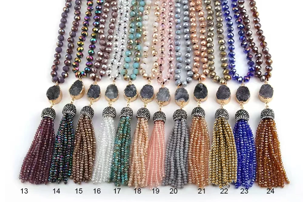 Fashion Bohemian Tribal Jewelry Multi Glass Knotted Druzy Link Crystal Tassel Necklaces Women Ethnic Necklace 24 color choose