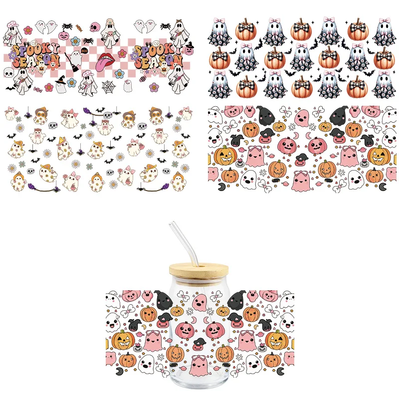 Halloween Pumpkin Ghost UV DTF Wrap Transfer Stickers Cartoon Funny Design DTF Wrap For Glasses Cups Mugs Decal