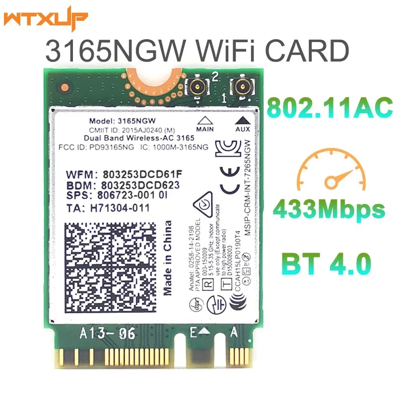 

Wireless AC 3165 Wifi Card 3165NGW Bluetooth 4.0 Dual Band 2.4G/5Ghz 802.11ac WiFi Network Adapter For laptop pc