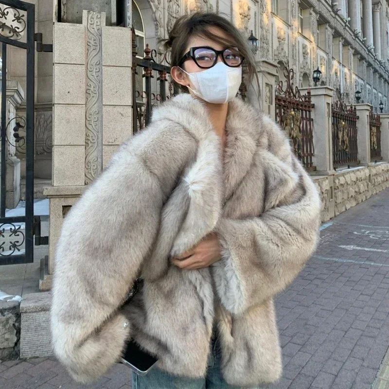 Autumn Winter Oversized Loose Casual Luxury Soft Thick Warm Hairy Faux Fox Fur Coat Women Long Sleeve Fluffy Jacket 2024