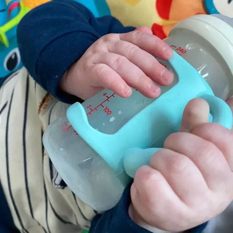 Mango de agarre para biberón, asas de boca ancha de silicona azul para biberones de leche universales, accesorios de taza de alimentación de bebé resistentes al calor