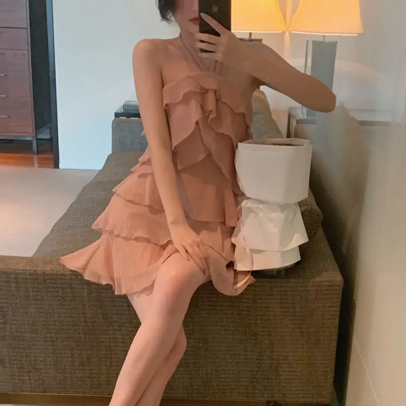 2025 レトロフリルストラップレスシフォンケーキショートスカートセクシーなホルターワンショルダーハイウエストふわふわドレス