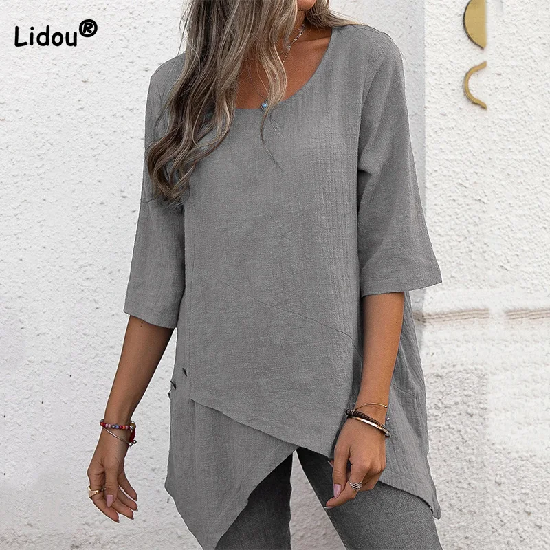 

Cotton Linen Autumn New Retro Round Neck Irregularity Solid Color Pullover Top Casual Loose Half Sleeve Oversized T-shirt Women