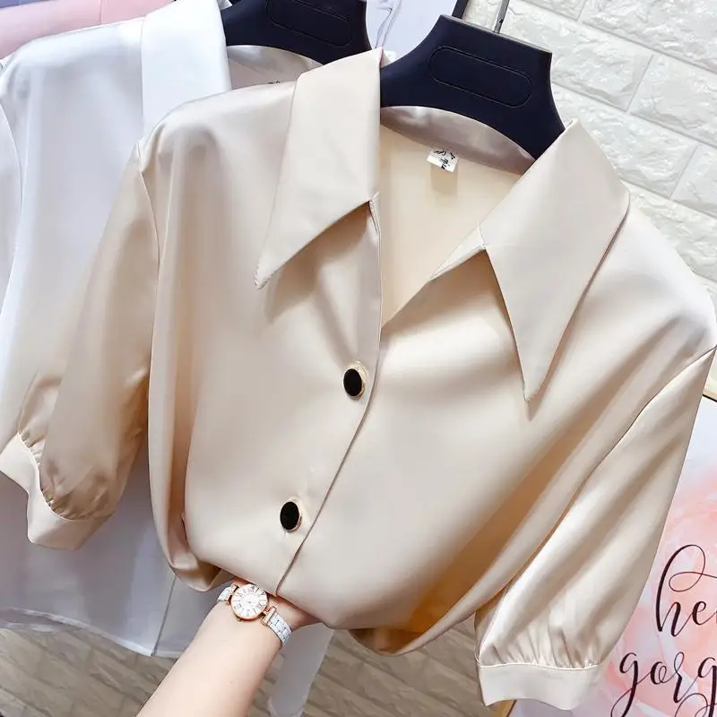 

Vintage Button Front Split-Neck Woman Shirt Korean Fashion Summer Top Elegant Office Ladies Beige Blue Pink White Shirts