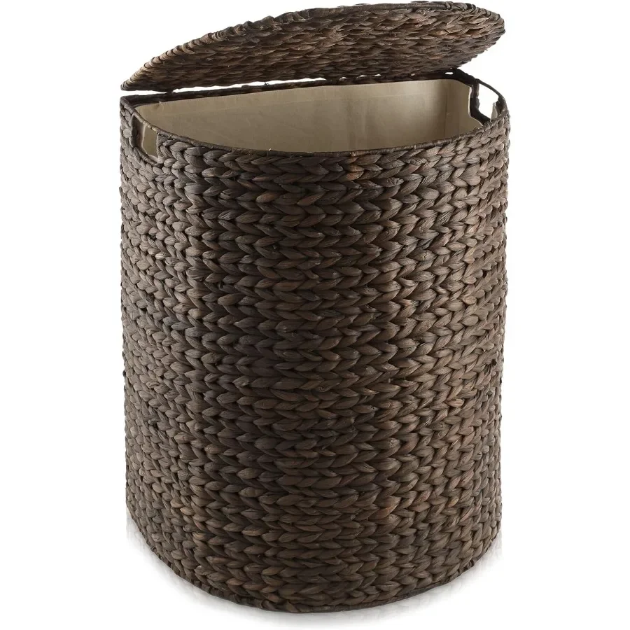 Cesto para la colada de media luna con tapa y bolsa con forro extraíble, cesta para la colada de jacinto de agua tejida para café expreso para ropa y toallas I