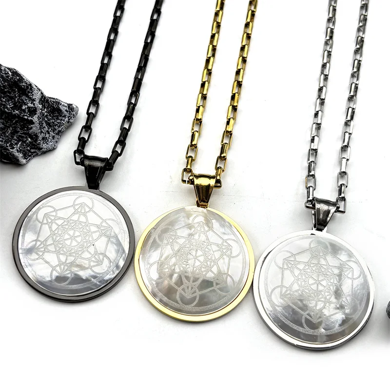 

Yoga Hindu Buddhism 7 Chakra Natural Shell Necklace Women Men Stainless Steel Sacred Geometry Angel Seal Metatron Symbol Jewelry
