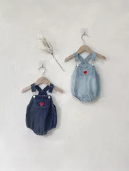 2026 Autumn New Baby Sleeveless Strap Bodysuit Cotton Boy Girl Heart Pocket Denim Jumpsuit Infant Toddler Cute Overalls 0-24M