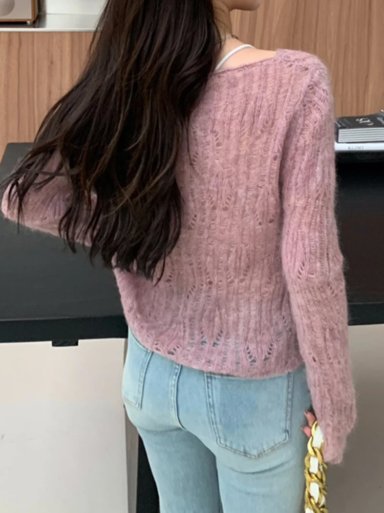 [EAM] Beige Perspective Thin Knitting Sweater Round Neck Long Sleeve Women Pullovers New Fashion Tide Spring Summer 2024 1DH4761