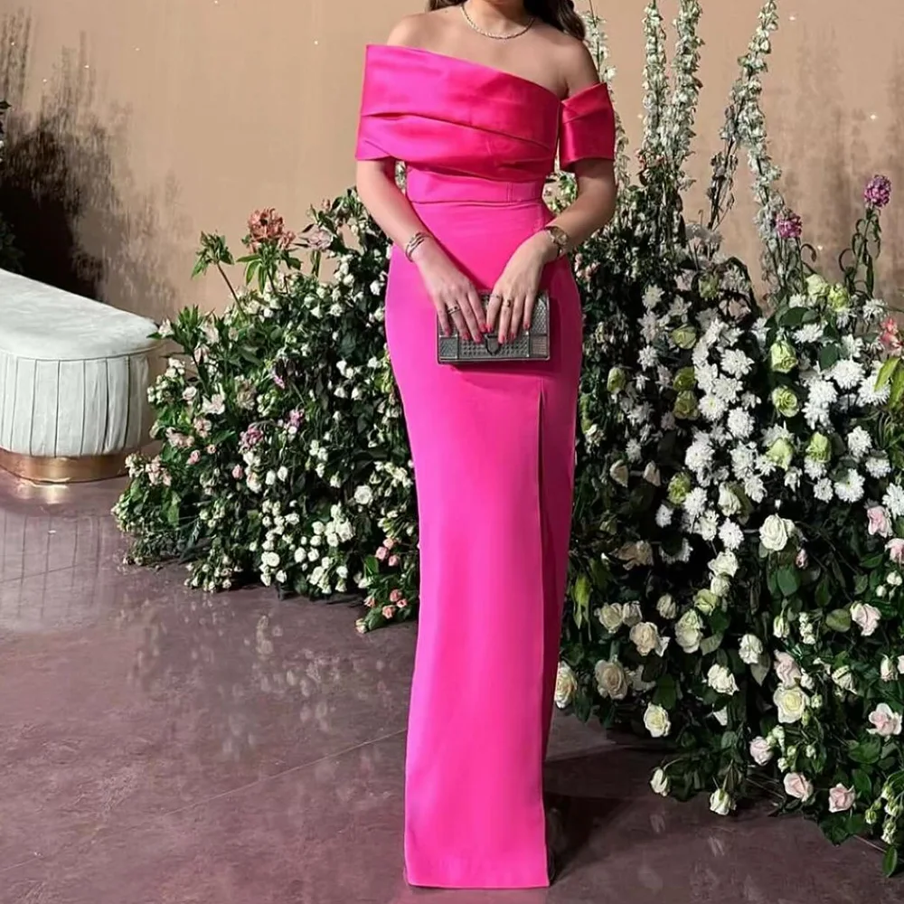 

Customized Elegant Pleat Boat Neck Floor Length Side Slit Straight Satin Evening Dress Classic Off The Shoulder платье вечернее