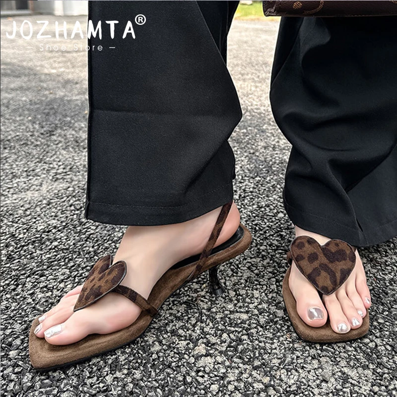 JOZHAMTA Fashion Sexy Leopard Sandals Leather Kitten High Heels Pointed Toe Party Wedding Shoes Woman Buckles Prom Summer Pumps