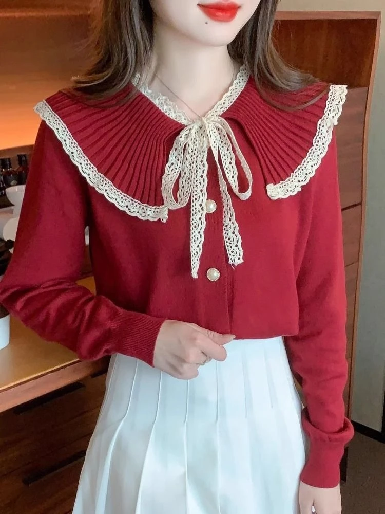 Maglioni lavorati a maglia da donna in pizzo liscio caldo elegante estetico in stile giapponese da indossare per lavorare in promozione Pullover femminile con fiocco di base