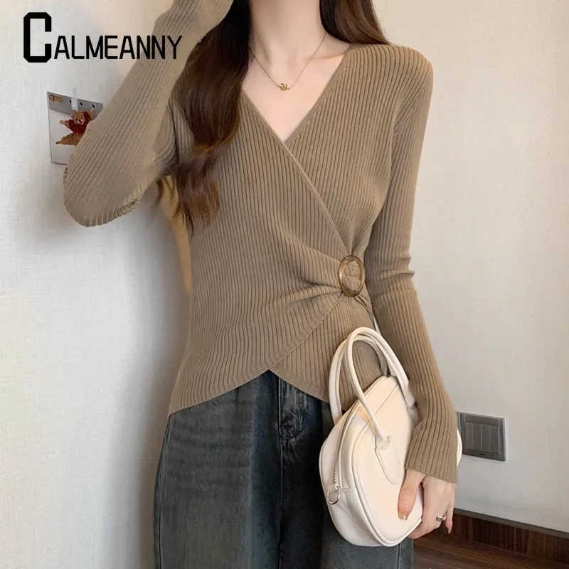 2024 outono inverno novo decote em v manga longa moda camisola feminina high street casual fino pullovers estilo coreano elegante topos