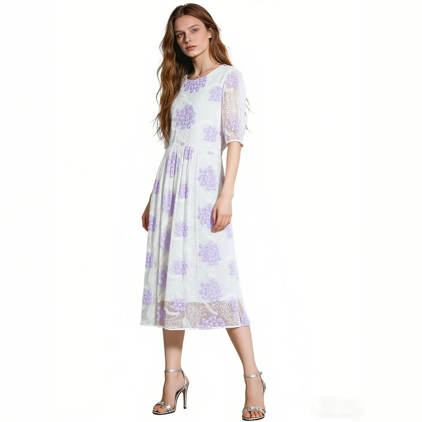

2026 Spring Women Floral Embroidered Chiffon Midi Dress Round Neck Puff Sleeve Casual Dresses Light Purple