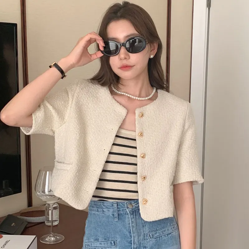 Korean Chic Summer Round Neck Metal Love Heart Single Breasted Tweed Short Sleeved Jacket 2024 Crop Top Chaquetas Mujer Coat