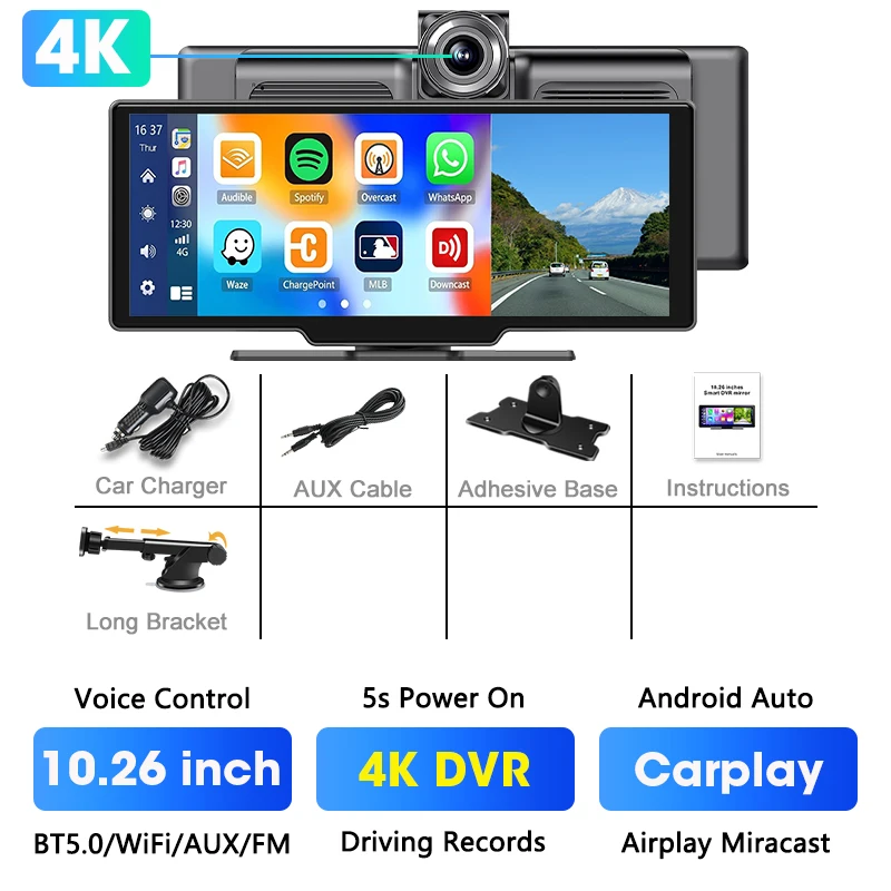 Srnubi 10,26 inch 4K Dash Cam Draadloos CarPlay Android Auto Dashboard Auto DVR Video-opname Nachtzicht GPS-navigatie BT AUX