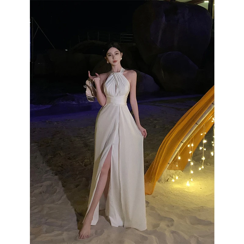 Elegant ซาตินสีขาว Midi ชุดผู้หญิงแฟชั่น Party Prom เซ็กซี่ Halter ชุดเดรสฤดูร้อนเกาหลี Backless Bodycon Vestidos