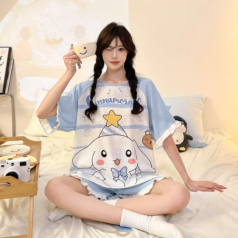 Fashion Kuromi Women's Summer Cloud Cotton Pajama Set Short Sleeve Round Neck Loose Fit Cute Cartoon Print Comfy Home Loungewear view 5
