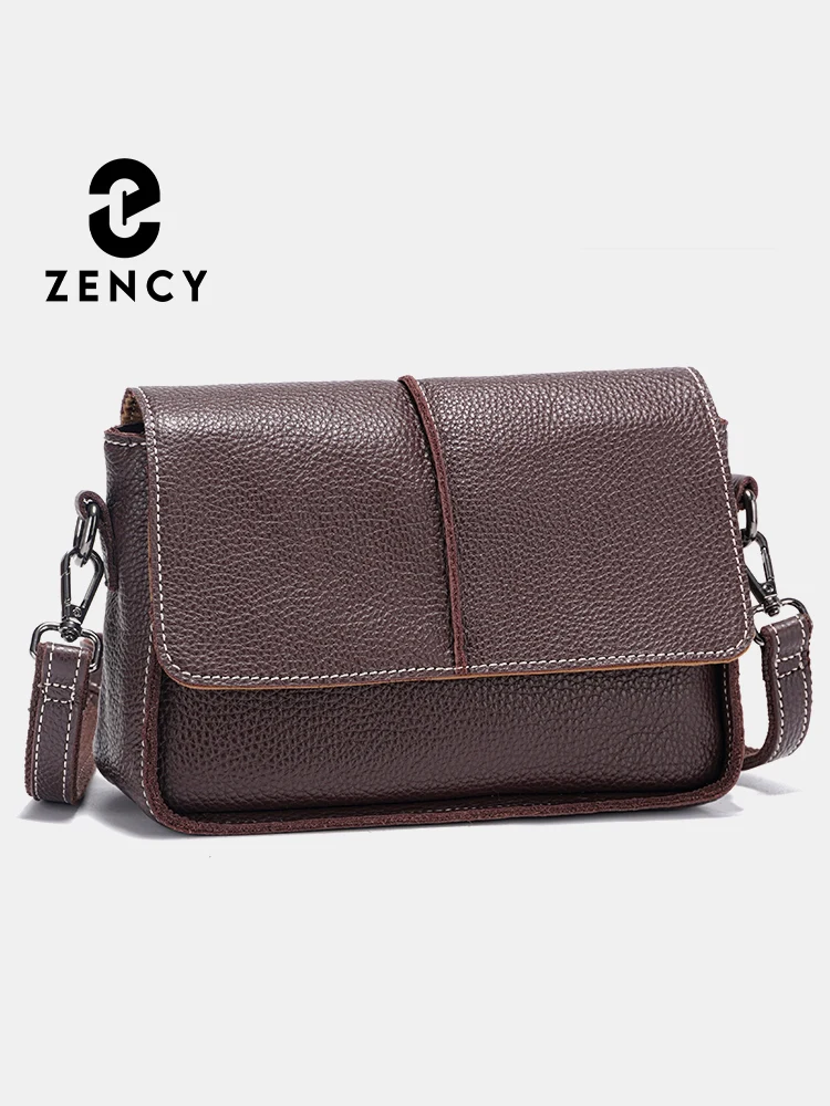 Zency First Layer Cowhide Leather Shoulder Bag Cross body Small Flap Handbag Retro Messenger Bag Simple Square Bag For Women