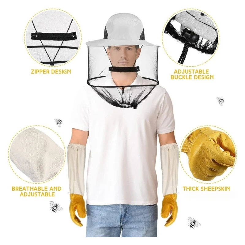 E8BD Beekeeper Face-Covering Hat and Gloves with Elasticized Openings