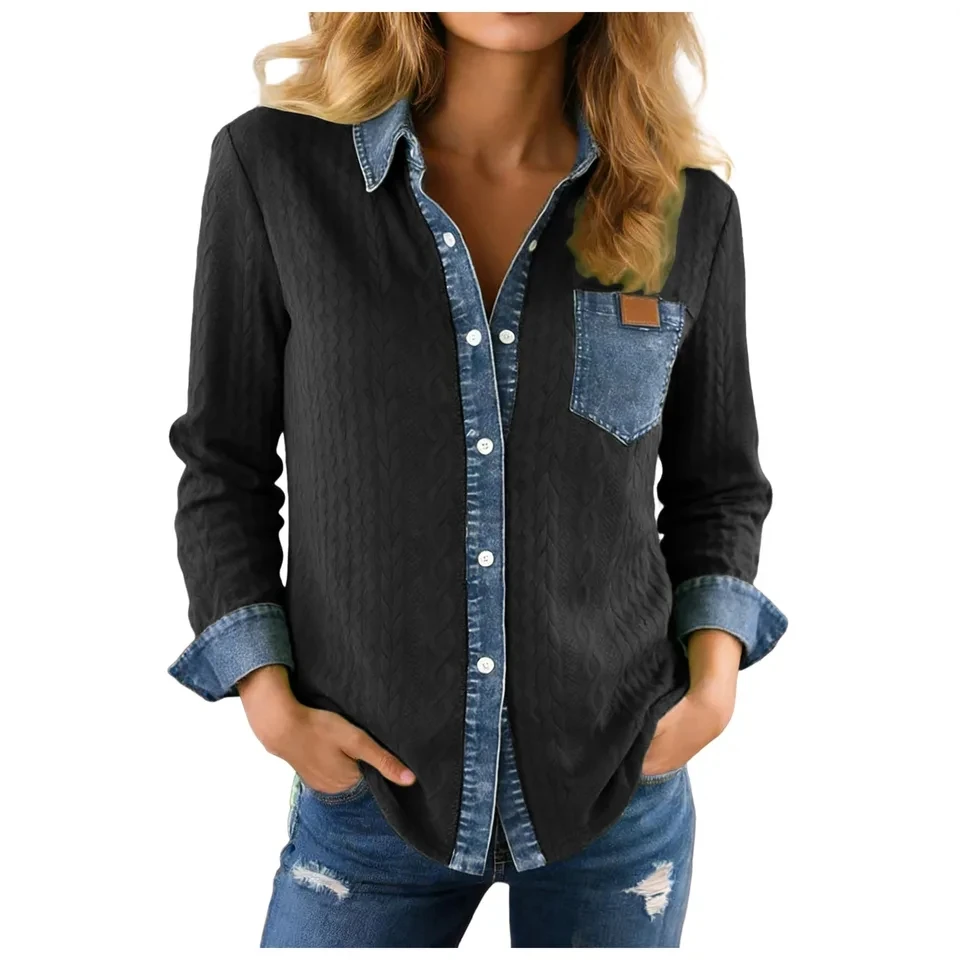 

Long-Sleeved Lapel Patchwork Shirts For Women Spring And Autumn Versatile Cardigan Women's New Fashion Shirt Camisas