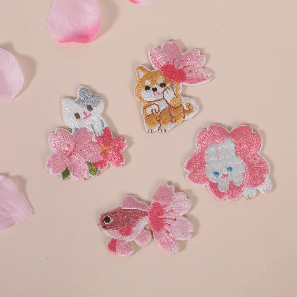 1 Piece Embroidery Sakura Series Animals Stick on Patch, Backpack, Decoration,  Dog Cat Pig Bird Stickers DIY Applique