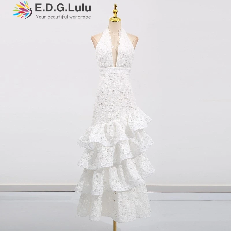 Edglulu oco bordado renda em camadas folha de lótus borda luxo vestido de aniversário mulher com decote em v sem costas festa longo vestido de noite 1013