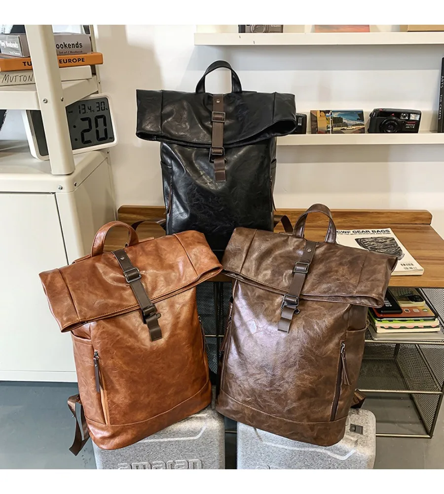Soft leather versatile hand carry backpack trendy cool casual retro student schoolbag folding backpack large capacity