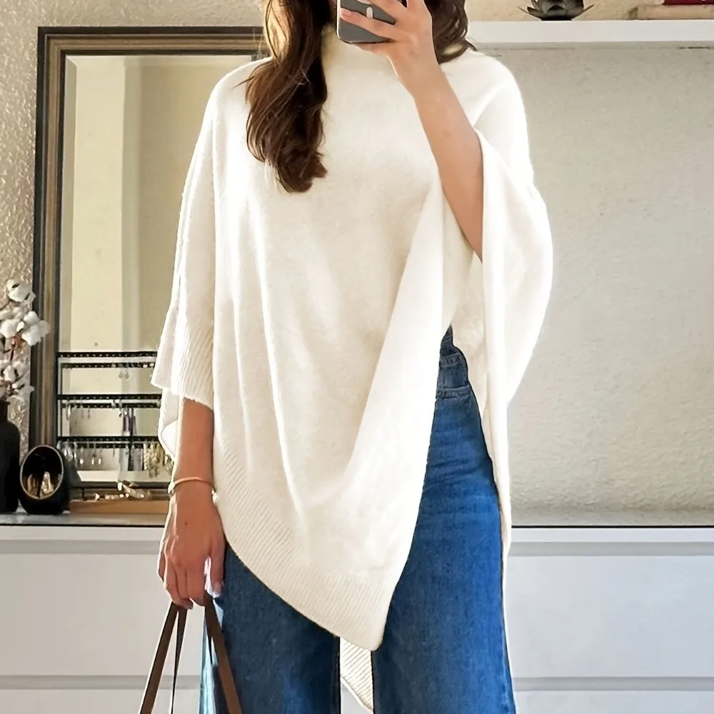 Fashion Irregular Hem Knit Poncho Sweater Solid Color Soft Shawl Pullover Top Long Sleeve Loose Fit Casual Knit Tops Daily Tops