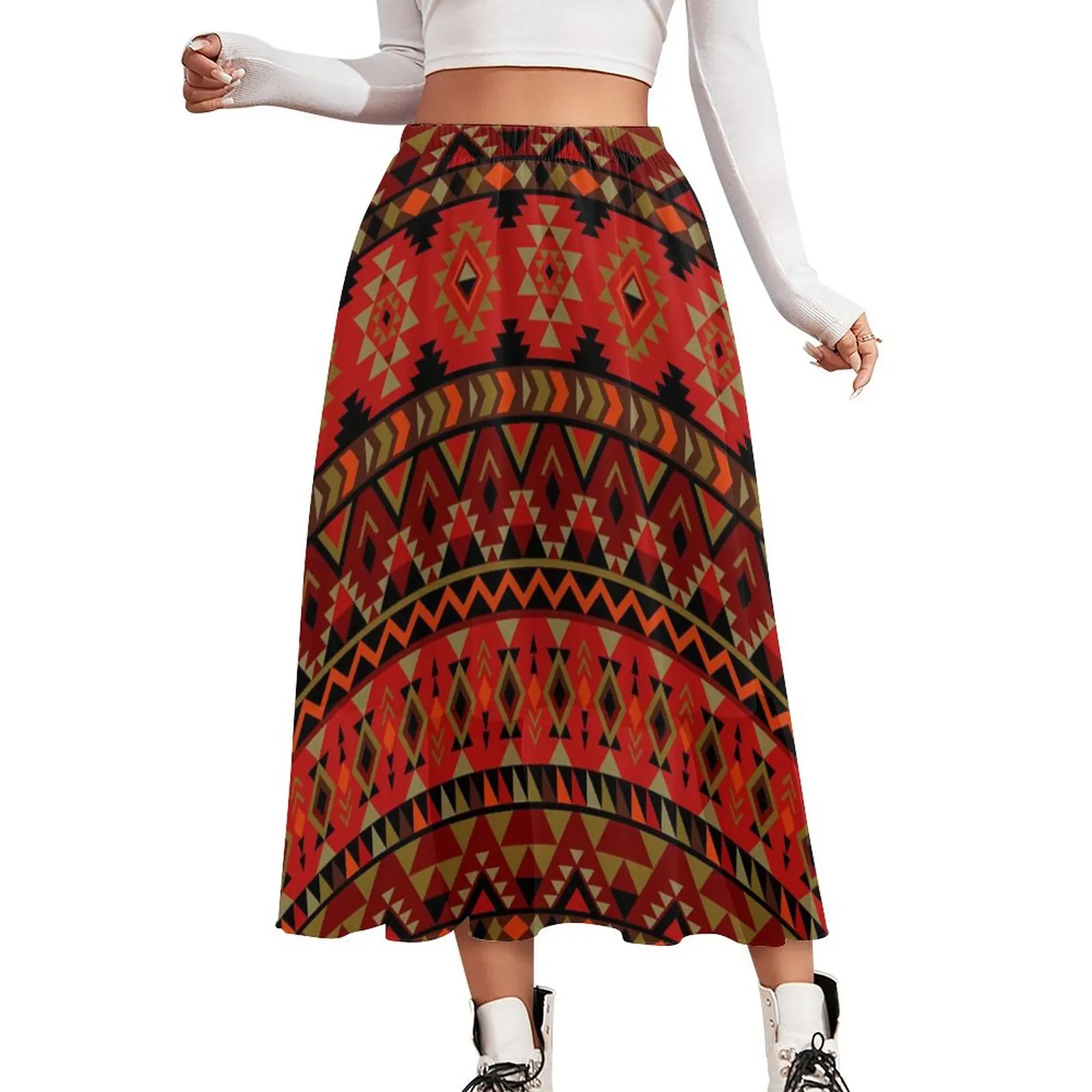 Vintage Ethnic Skirt Red Aztec Print Vintage Boho Skirts Summer Street Style Elastic Waist Chiffon Printed Oversize A-line Skirt