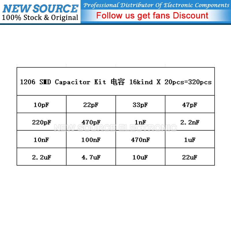 SMD Capacitance Samples Set 1206 10pF~22uF 16Values*20PCS=320PCS DIY Capacitor